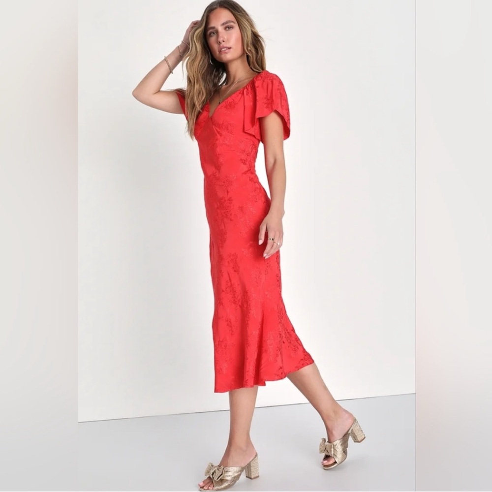 NWT XL Lulu's Effervescent Afternoon Red Satin Flutter Sleeve Midi Dress - Picture 3 of 16